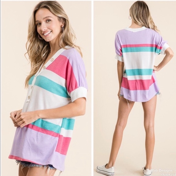 New! Clearance 🔥 Soft Knit Button Vneck Waffle knit Multi Stripe retro Top - Picture 4 of 7